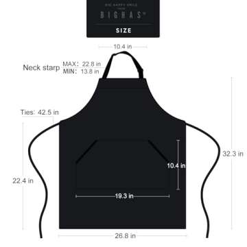 BIGHAS Adjustable Bib Apron with Pocket Extra Long Ties for Women Men, 18 Colors, Chef, Kitchen, Home, Restaurant, Cafe, Cooking, Baking (Black)