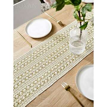BOXAN 12" x 108" Cream Woven Table Runner with Tassels, Vintage Crochet Wedding Table Runner Overlay...