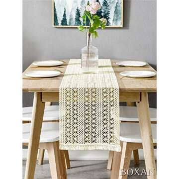 BOXAN 12" x 108" Cream Woven Table Runner with Tassels, Vintage Crochet Wedding Table Runner Overlay for Rustic Country Wedding Party Bridal Shower Decoration, Boho Home Kitchen Dining Table Linen