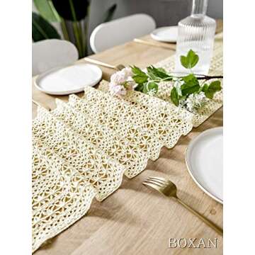BOXAN 12" x 108" Cream Woven Table Runner with Tassels, Vintage Crochet Wedding Table Runner Overlay for Rustic Country Wedding Party Bridal Shower Decoration, Boho Home Kitchen Dining Table Linen