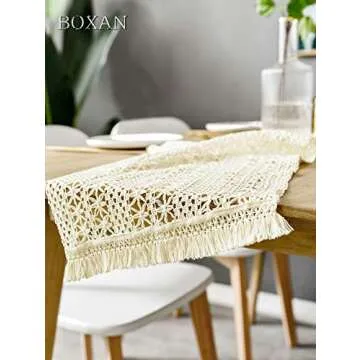 BOXAN 12" x 108" Cream Woven Table Runner with Tassels, Vintage Crochet Wedding Table Runner Overlay for Rustic Country Wedding Party Bridal Shower Decoration, Boho Home Kitchen Dining Table Linen