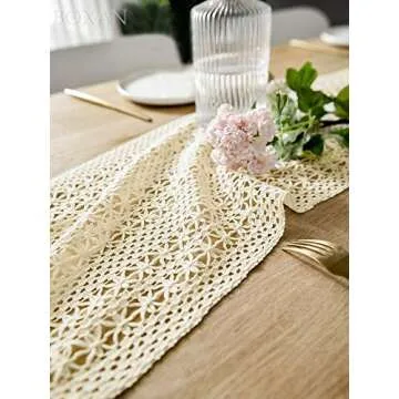 BOXAN 12" x 108" Cream Woven Table Runner with Tassels, Vintage Crochet Wedding Table Runner Overlay for Rustic Country Wedding Party Bridal Shower Decoration, Boho Home Kitchen Dining Table Linen