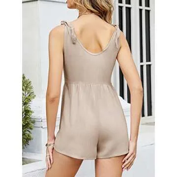 Womens Casual Tank Short Jumpsuits Rompers Scoop neck Adjustable Tie Knot Loose Rompers Khaki Medium