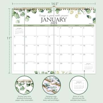 Calendar 2025 - Wall Calendar 2025, Jan.2025 - Dec.2025,14.5" x 11", 2025 Wall Calendar, Thick Paper, Twin-Wire Binding + Hanging Hook + Unruled Blocks with Julian Date - Green Leaves