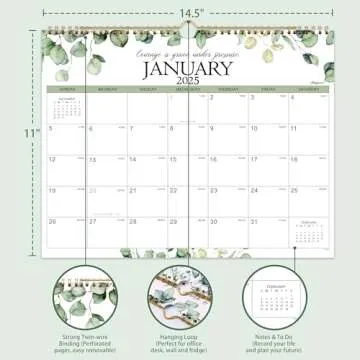 Calendar 2025 - Wall Calendar 2025, Jan.2025 - Dec.2025,14.5" x 11", 2025 Wall Calendar, Thick Paper, Twin-Wire Binding + Hanging Hook + Unruled Blocks with Julian Date - Green Leaves