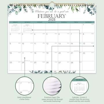 Calendar 2025 - Wall Calendar 2025, Jan.2025 - Dec.2025,14.5" x 11", 2025 Wall Calendar, Thick Paper, Twin-Wire Binding + Hanging Hook + Unruled Blocks with Julian Date - Green Leaves