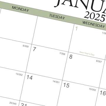 Calendar 2025 - Wall Calendar 2025, Jan.2025 - Dec.2025,14.5" x 11", 2025 Wall Calendar, Thick Paper, Twin-Wire Binding + Hanging Hook + Unruled Blocks with Julian Date - Green Leaves