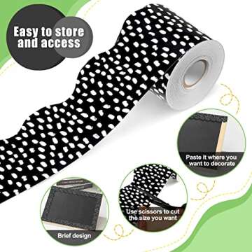 Zonon 65 Feet Bulletin Board Borders Black and White Polka Dots Striped Grid Borders Decorative Straight Scalloped Wavy Rolled Trim Classroom Back to School Decor(Wavy White Dot)