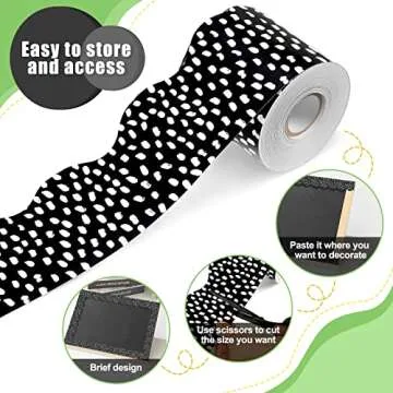 Zonon 65 Feet Bulletin Board Borders Black and White Polka Dots Striped Grid Borders Decorative Straight Scalloped Wavy Rolled Trim Classroom Back to School Decor(Wavy White Dot)