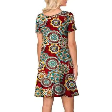 lionstill Women's T Shirt Dress with Pockets in Red Mandala
