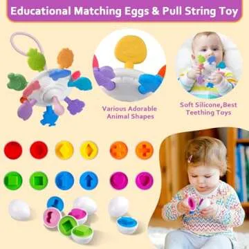Baby Toys for 6 to 12 Months, Montessori Sensory Bins Toys for Toddlers 1-3, Pull String Teether Infants Bath Toys 6 in 1 Stacking Blocks Rings, Matching Eggs, Suction Cup Spinner Toy