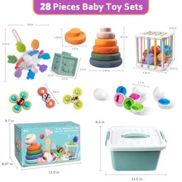 Baby Toys for 6 to 12 Months, Montessori Sensory Bins Toys for Toddlers 1-3, Pull String Teether Infants Bath Toys 6 in 1 Stacking Blocks Rings, Matching Eggs, Suction Cup Spinner Toy