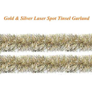 SANNO 32.8ft Christmas Tinsel Garland, Gold Tinsel Garland Sparkly Tinsel Snowy Tinsel Sparkly Classic Ornaments Hanging Shiny Xmas Tree Ceiling Decorations,Gold Silver 4.7in