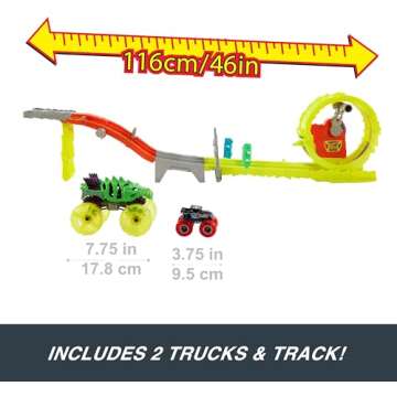 Hot Wheels Monster Trucks Track Set & 2 Toy Trucks: Oversized Skelesaurus & 1:64 Scale Bone Shaker, Race & Chase Challenge with 2 Crushed Cars