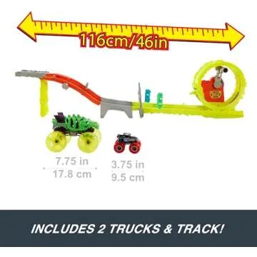 Hot Wheels Monster Trucks Track Set & 2 Toy Trucks: Oversized Skelesaurus & 1:64 Scale Bone Shaker, Race & Chase Challenge with 2 Crushed Cars