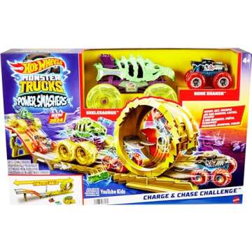Hot Wheels Monster Trucks Track Set & 2 Toy Trucks: Oversized Skelesaurus & 1:64 Scale Bone Shaker, Race & Chase Challenge with 2 Crushed Cars