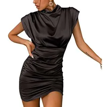 LYANER Women's Satin Silk Shoulder Pad Ruched Bodycon Sleeveless Mini Tank Dress Solid Black Small