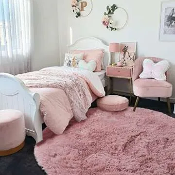 Blush Round Furry Rug for Bedroom,Fluffy Circle Rug 4'X4' for Kids Room for Teen Girls Room,Shaggy Circular Rug for Nursery Room,Fuzzy Plush Rug for Dorm,Blush Carpet,Cute Room Decor for Baby