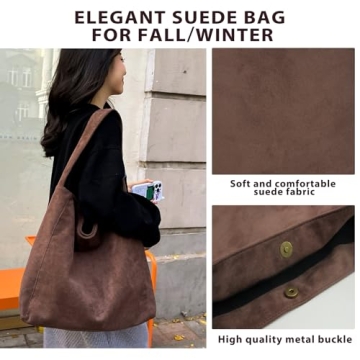 Brown Suede Bags for Women -2024 New Large Brown Suede Hobo Tote Handbag, Suede Slouchy Purse Shoulder Bag Travel Winter Fall (Aa-Coffee)