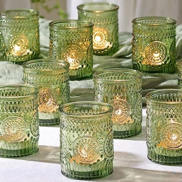 DEVI 24pcs Vintage Green Glass Candle Holders for Wedding and Party Decor