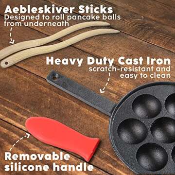 Upstreet Cast Iron Aebleskiver Pan/Ebelskiver Pan/Ideal for Mini Pancake Mold, Cake Pop Pan, and Takoyaki Maker for Danish Stuffed (Red)
