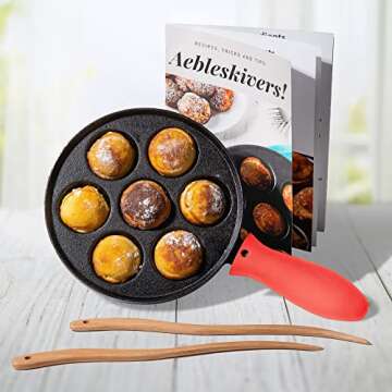 Upstreet Cast Iron Aebleskiver Pan/Ebelskiver Pan/Ideal for Mini Pancake Mold, Cake Pop Pan, and Takoyaki Maker for Danish Stuffed (Red)