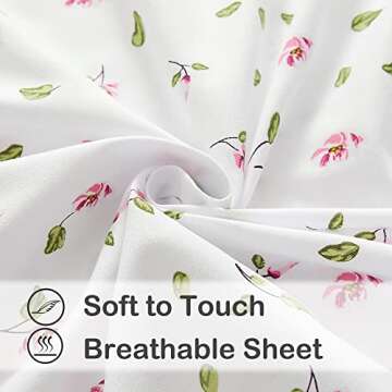 Mooreeke Full Sheets Set - 4 Pieces Soft Breathable Microfiber Bed Sheet Set - Pink Flower Green Leaf Pattern Sheet Set - Deep Pocket Non-Slip Floral Printed Fitted Sheet Included for All Season