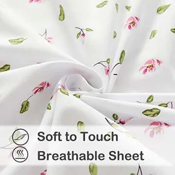 Mooreeke Full Sheets Set - 4 Pieces Soft Breathable Microfiber Bed Sheet Set - Pink Flower Green Leaf Pattern Sheet Set - Deep Pocket Non-Slip Floral Printed Fitted Sheet Included for All Season