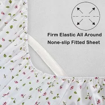 Mooreeke Full Sheets Set - 4 Pieces Soft Breathable Microfiber Bed Sheet Set - Pink Flower Green Leaf Pattern Sheet Set - Deep Pocket Non-Slip Floral Printed Fitted Sheet Included for All Season