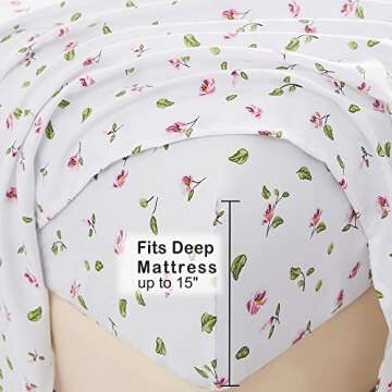 Mooreeke Full Sheets Set - 4 Pieces Soft Breathable Microfiber Bed Sheet Set - Pink Flower Green Leaf Pattern Sheet Set - Deep Pocket Non-Slip Floral Printed Fitted Sheet Included for All Season