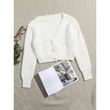 GORGLITTER Women's Open Front Cardigan Fuzzy Pearl Button Up Long Sleeve Crop Sweater Outerwear Jackets White Small