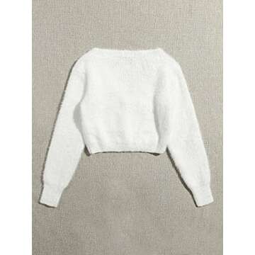 GORGLITTER Women's Open Front Cardigan Fuzzy Pearl Button Up Long Sleeve Crop Sweater Outerwear Jackets White Small