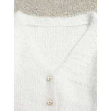 GORGLITTER Women's Open Front Cardigan Fuzzy Pearl Button Up Long Sleeve Crop Sweater Outerwear Jackets White Small