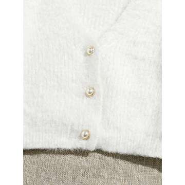 GORGLITTER Women's Open Front Cardigan Fuzzy Pearl Button Up Long Sleeve Crop Sweater Outerwear Jackets White Small