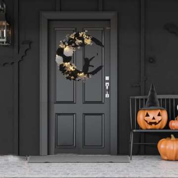 Halloween Wreaths For Front Door, Flower Moon Cat Halloween Home Decoration, Halloween Family Gather...
