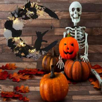 Halloween Wreaths For Front Door, Flower Moon Cat Halloween Home Decoration, Halloween Family Gathering Decoration Wreath，Outdoor, Wall, Closet, Fence, Wreath Halloween (Moon Cat - White13.7in×9.8in)