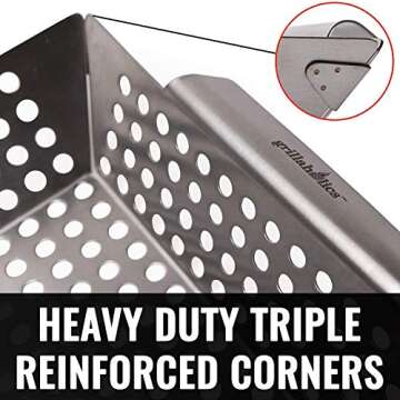 Grillaholics Grill Basket for Outdoor Grill - Durable Premium Stainless Steel Vegetable Grill Basket - XL Family Size BBQ Grill Basket - Perfect Grilling Accessories for Veggies, Fish, Shrimp & Kebabs