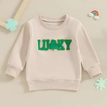Amnnchya St Patricks Day Toddler Baby Girl Boy Outfit Lucky Embroidery Long Sleeve Shamrock Sweatshi...