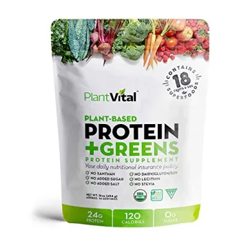 Plantvital Unflavored Organic Vegan Protein Powder - 18 Superfoods, Probiotics - Gluten Free - 16oz ...
