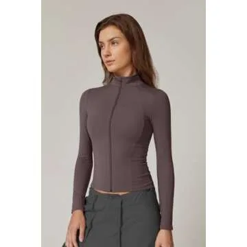 QINSEN Women's Full Zip High Neck Crop Jacket Double Lined Long Sleeve Slim Fit Workout T Shirts Dark Grey S