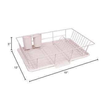 Sweet Home Collection 3 Piece Dish Drainer Rack Set with Drying Board and Utensil Holder, 12" x 19" x 5", Pale Pink