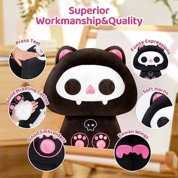 Mewaii 8 Inch Mushroom Plush, Cute Black Cat Plush Pillow Soft Plushies Squishy Pillow, Bone Cat Stuffed Animals Kawaii Plush Toys Christmas Decoration Gift for Girls Boys