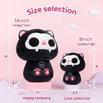 Mewaii 8 Inch Mushroom Plush, Cute Black Cat Plush Pillow Soft Plushies Squishy Pillow, Bone Cat Stuffed Animals Kawaii Plush Toys Christmas Decoration Gift for Girls Boys