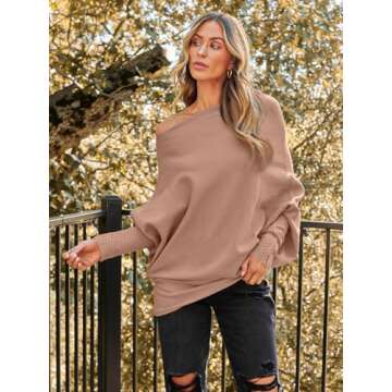 LILLUSORY Womens Batwing Oversized Sweaters Assymetrical Off The Shoulder Boat Neck Wrap Tunic Tops ...