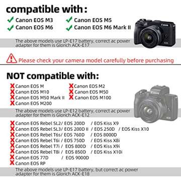 Glorich ACK-E17 AC Power Adapter DR-E17 DC Coupler Dummy Battery Power Supply Kit for Canon EOS M3, M5, M6, M6 Mark II Mirrorless Digital Cameras