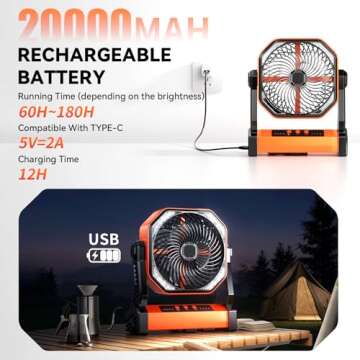 Camping LED Fan with Light, 20000mAh Rechargeable Battery Powered Outdoor Tent Fan with Light and Hook, 4 Speed, Personal USB Desk Fan for Camping, Fishing, Power Outage,Hurricane, Worksite