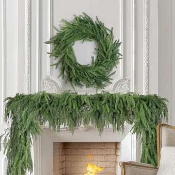 2 Pcs Christmas Norfolk Pine Garlands, Real Touch Pine Garland, Artificial Greenery Garland for Christmas Table Wall Fireplace Mantle Outdoor Decoration