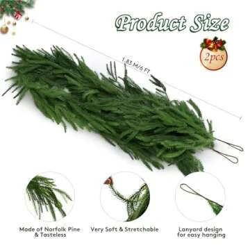 2 Pcs Christmas Norfolk Pine Garlands, Real Touch Pine Garland, Artificial Greenery Garland for Christmas Table Wall Fireplace Mantle Outdoor Decoration