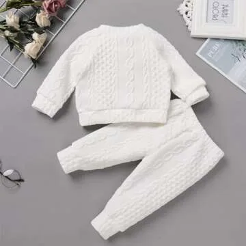 Fall Outfits for Toddler Girls Boys Knitted Baby Girl Sweater Top Pants Long Sleeve Autumn Winter Crewneck Sweatshirt Knit Clothes Pullover for Kids Warm Birthday Christmas Outfit White 9-12 Months