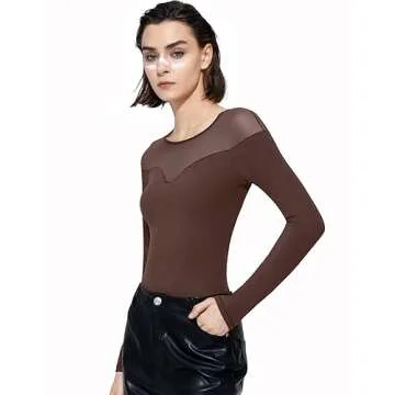 PUMIEY Long Sleeve Body Suits for Womens Crew Neck Mesh Bodysuit Sexy Tops, Chocolate X-Small